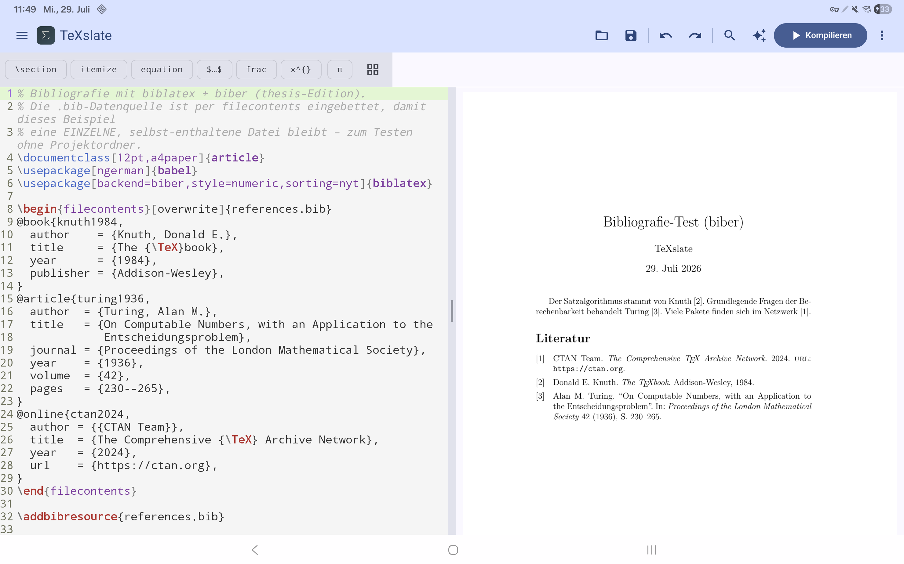 biblatex mit backend=biber auf dem Tablet