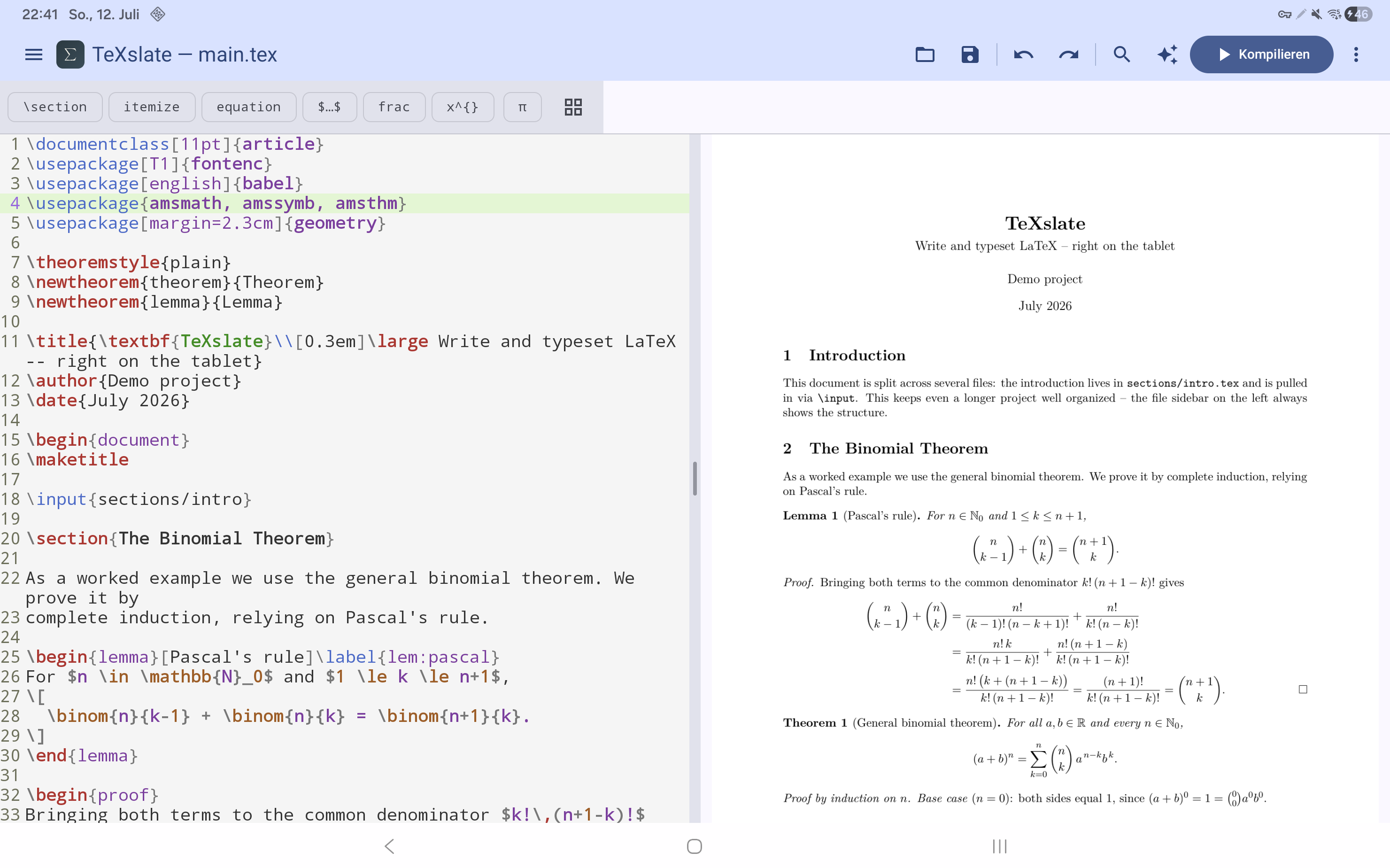 Split-View mit Editor und Live-PDF-Vorschau